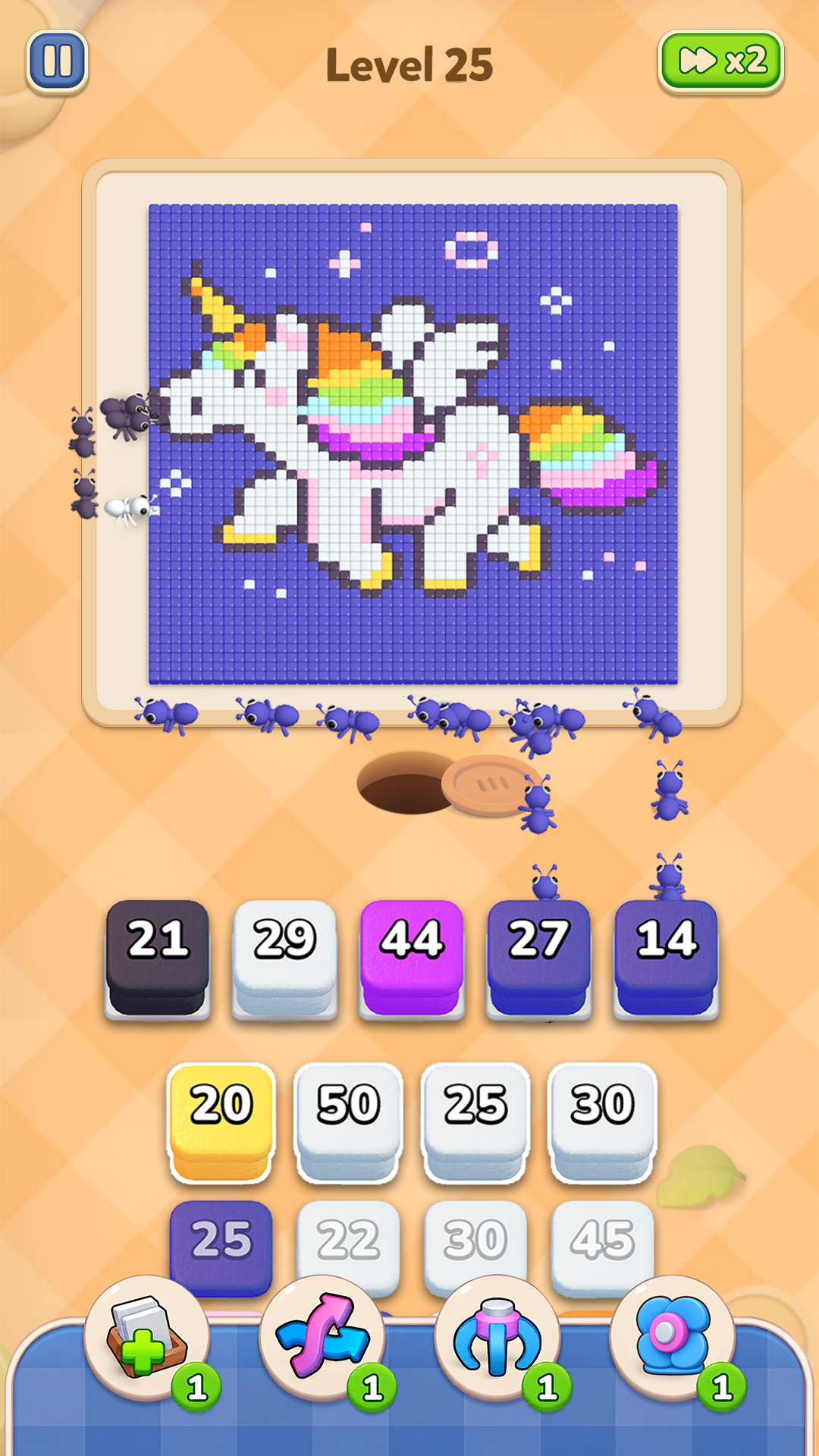 Colony Flow gameplay screenshot — the pixel-art picture canvas with the numbered cube tray and five queue slots