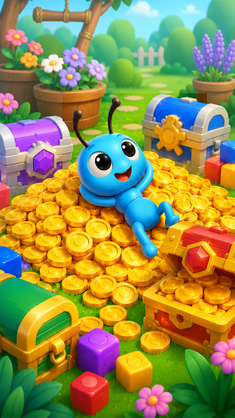 Official Colony Flow feature screenshot from Google Play — ants, coins and the 5-slot cube queue