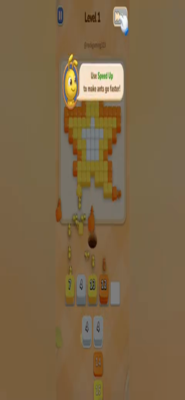 Colony Flow Level 1 walkthrough key frame: Speed-up prompt; orange/yellow/white being carried together
